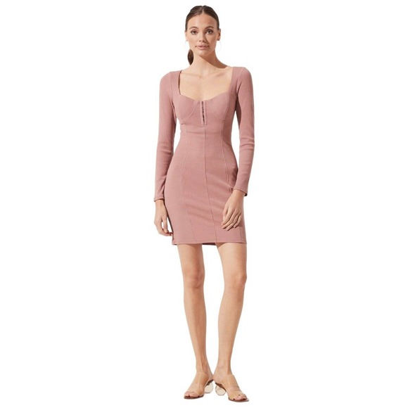 New ASTR The Label Ribbed Long Sleeve Hook Eye Front Bodycon Dress Blush S - Picture 10 of 12